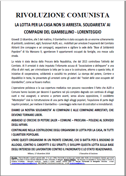 Solidarietà compagni arrestati Giambellino17 12 18